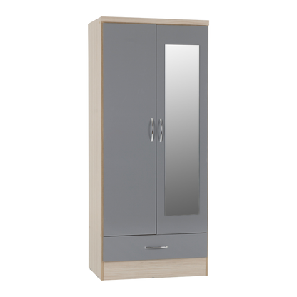 Nevada Mirrored 2 Door Wardrobe - Grey Gloss/Light Oak
