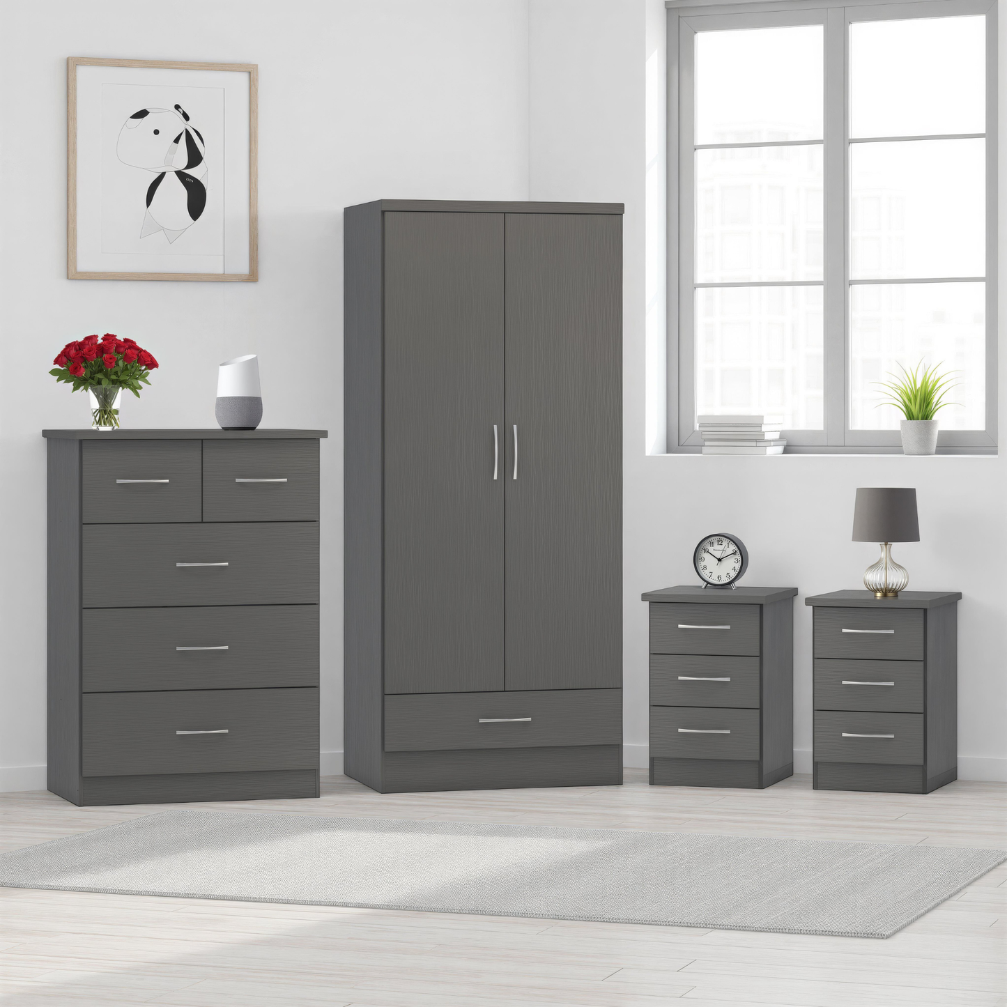 Nevada 2 Door 1 Drawer Wardrobe Bedroom Set 3D Effect Grey