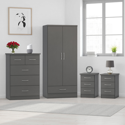 Nevada 2 Door 1 Drawer Wardrobe Bedroom Set 3D Effect Grey