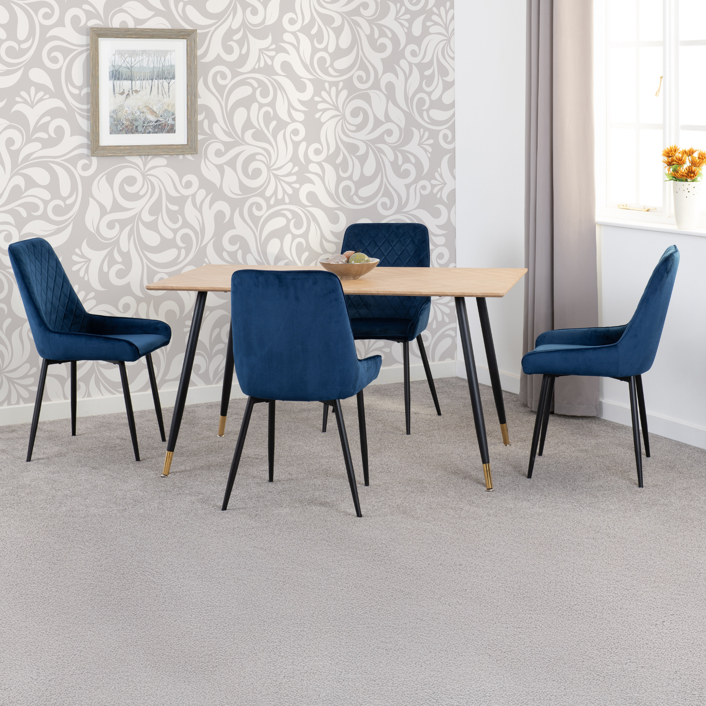 Hamilton & Avery Medium Dining Set (4 Chairs) - Oak/Sapphire Blue Velvet