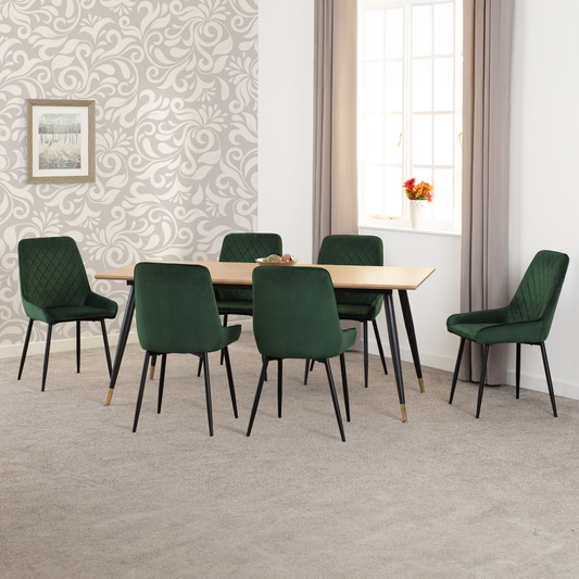 Hamilton & Avery Large Dining Set (6 Chairs) - Oak/Emerald Green Velvet