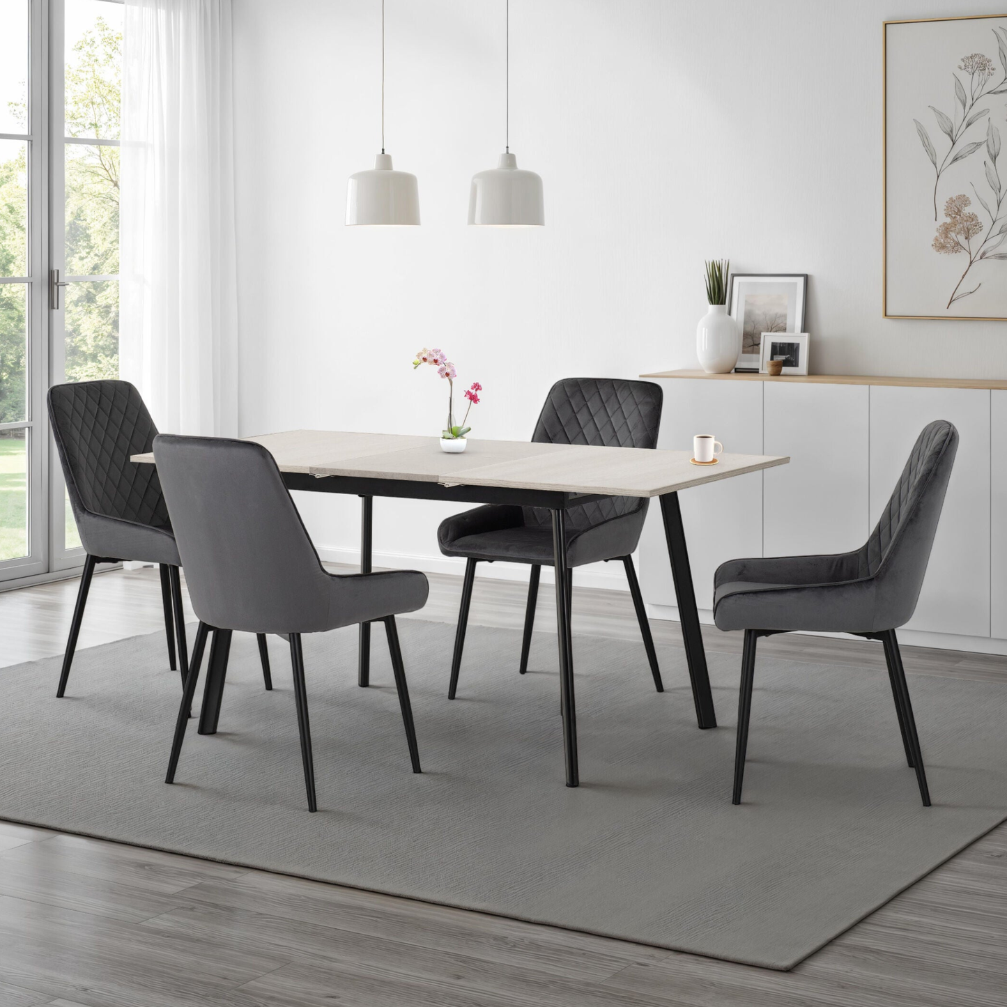 Avery Extending Dining Set with 4 Chairs - Concrete & Grey Velvet