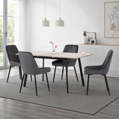 Avery Extending Dining Set with 4 Chairs - Concrete & Grey Velvet