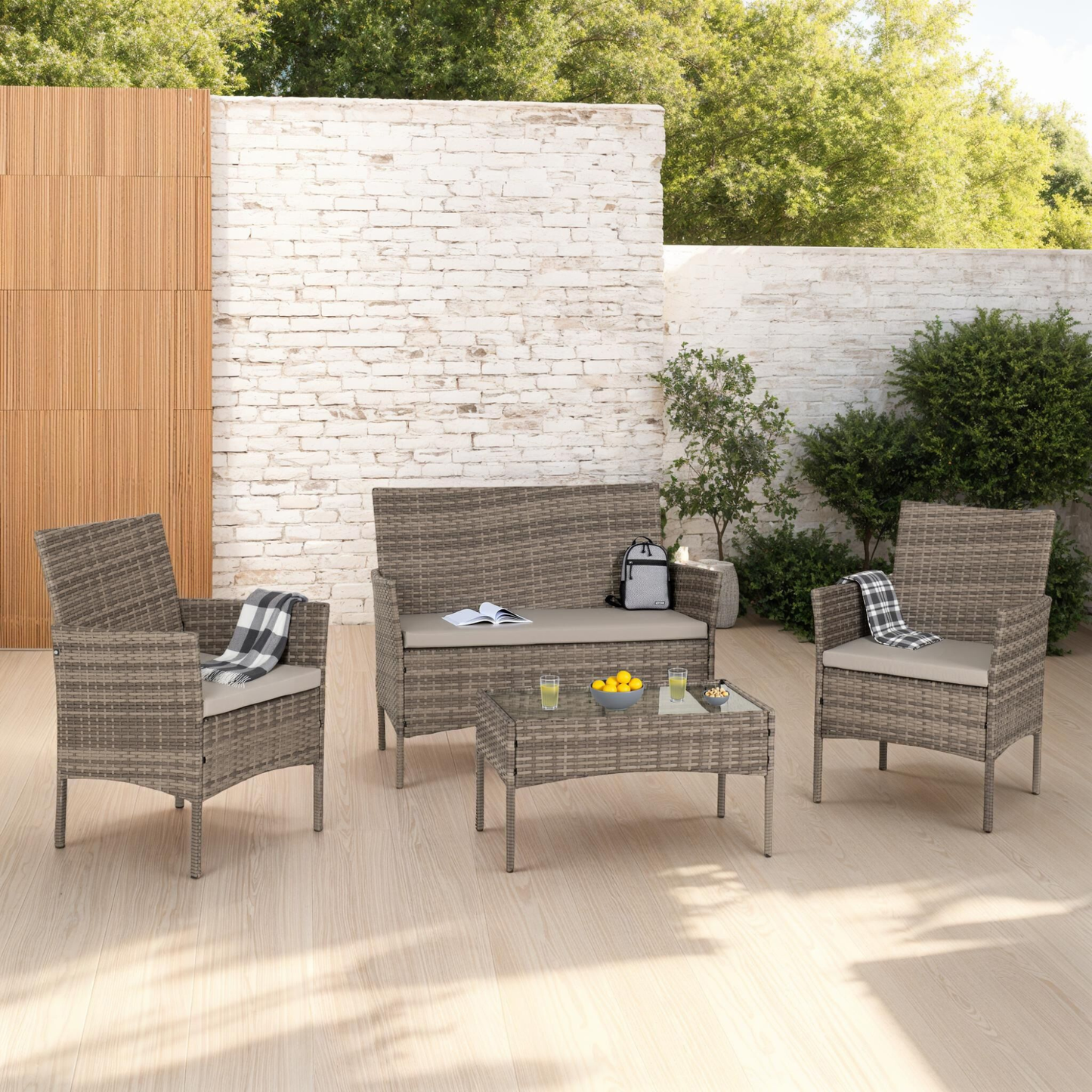 Willow 4Pc Garden Set - Grey Rattan & Fabric with Clear Glass