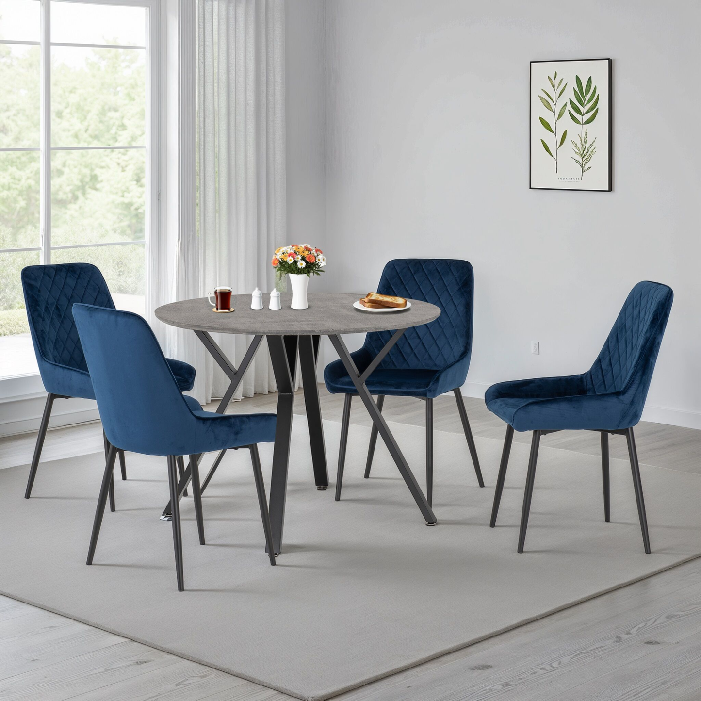 Athens Round Dining Set with 4 Avery Chairs - Concrete & Sapphire Velvet
