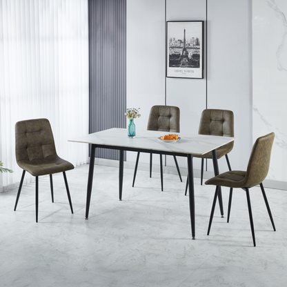 Fenton Dining Set with 4 Chairs - White & Olive Green Suede Fabric