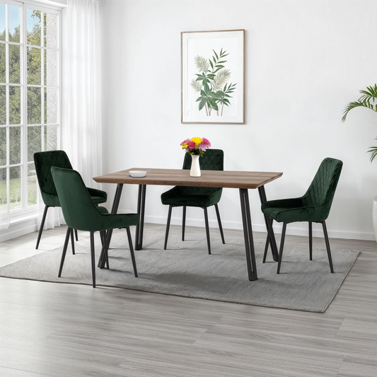 Quebec Straight & Avery Dining Set - Oak Effect/Green Velvet