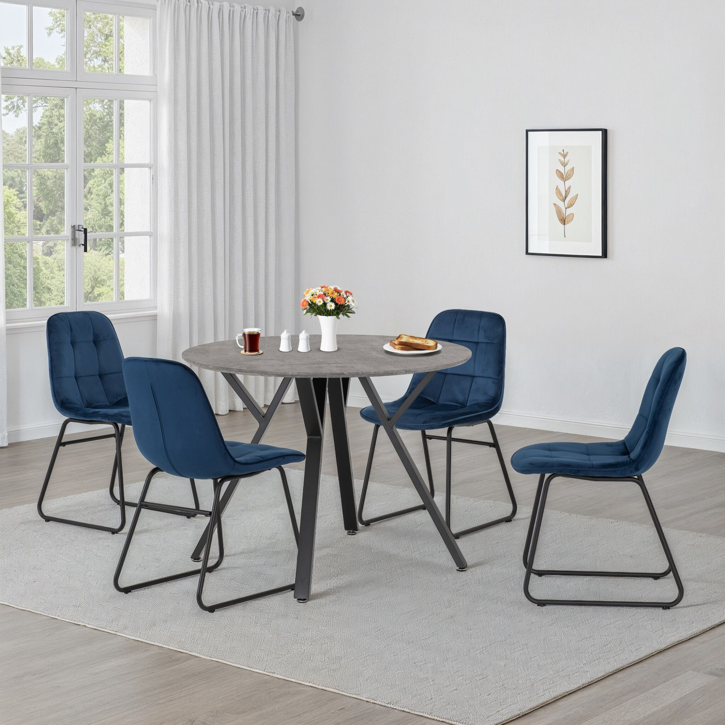 Athens Round Dining Set with 4 Lukas Chairs - Concrete & Sapphire Blue Velvet