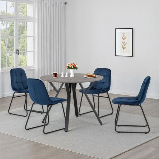 Athens Round Dining Set with 4 Lukas Chairs - Concrete & Sapphire Blue Velvet