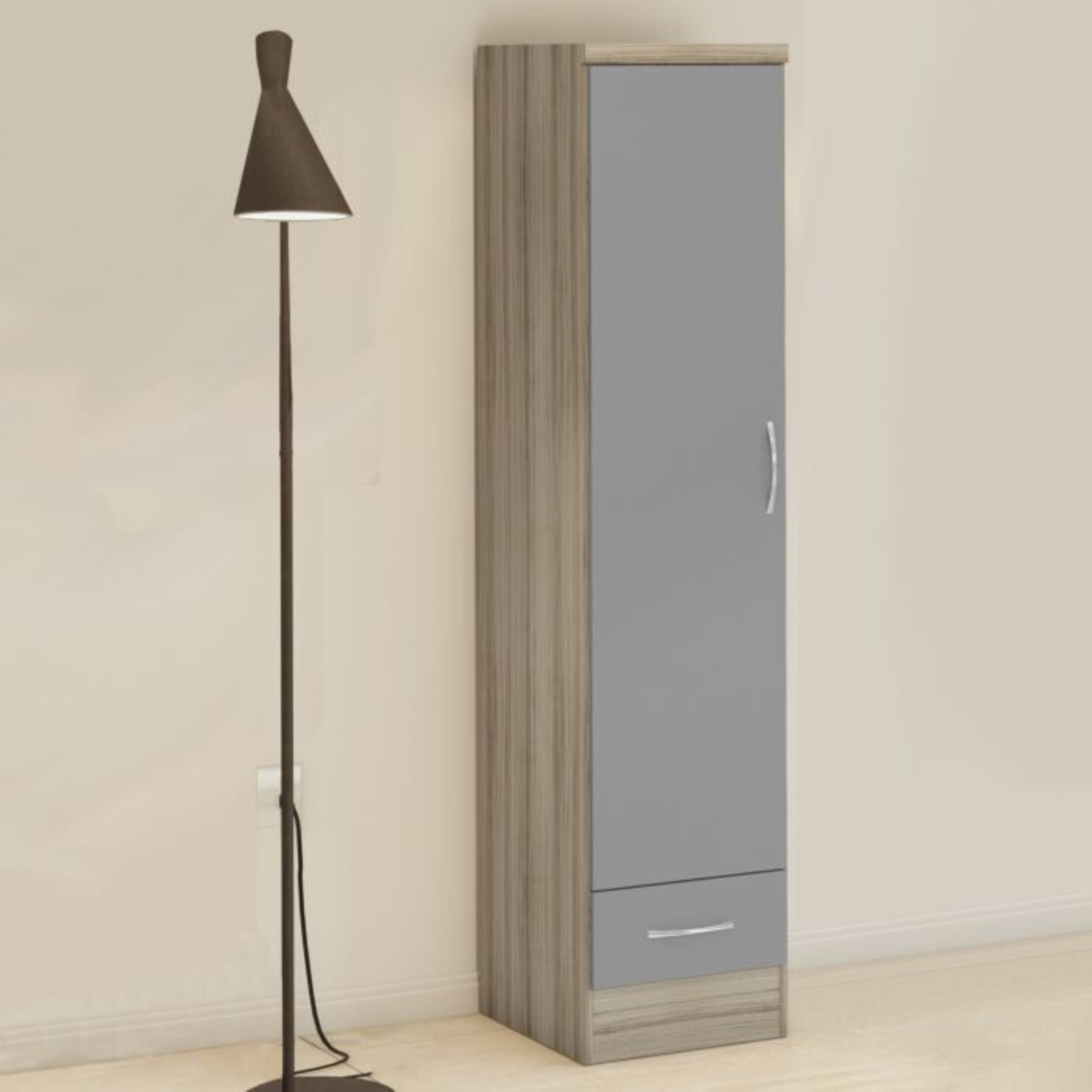 Nevada 1 Door 1 Drawer Wardrobe – Grey Gloss & Oak