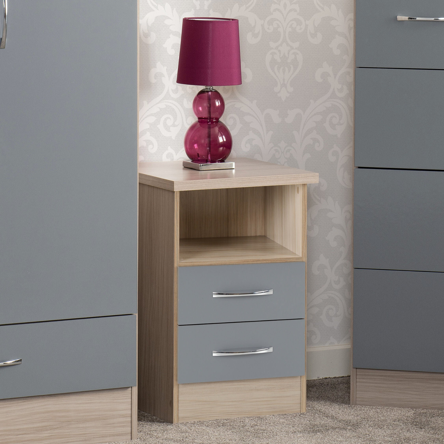 Nevada 2 Drawer Bedside – Grey Gloss/Light Oak Effect
