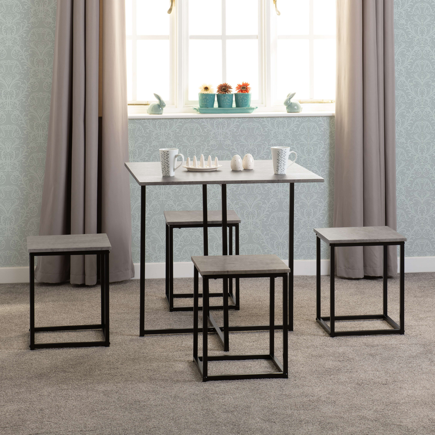 Kent 1+4 Stowaway Dining Set - Stone Effect/Black