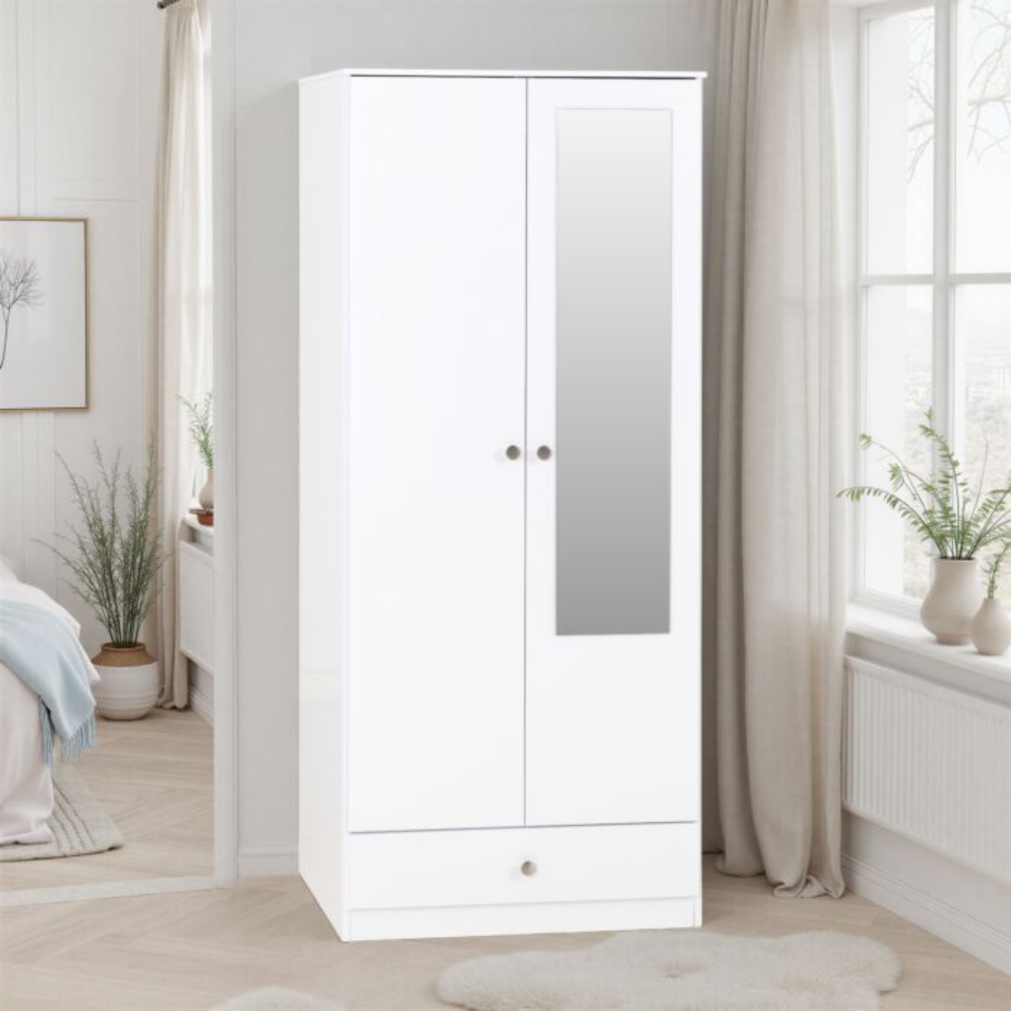 Denver 2 Door 1 Drawer Mirrored Wardrobe – White Gloss