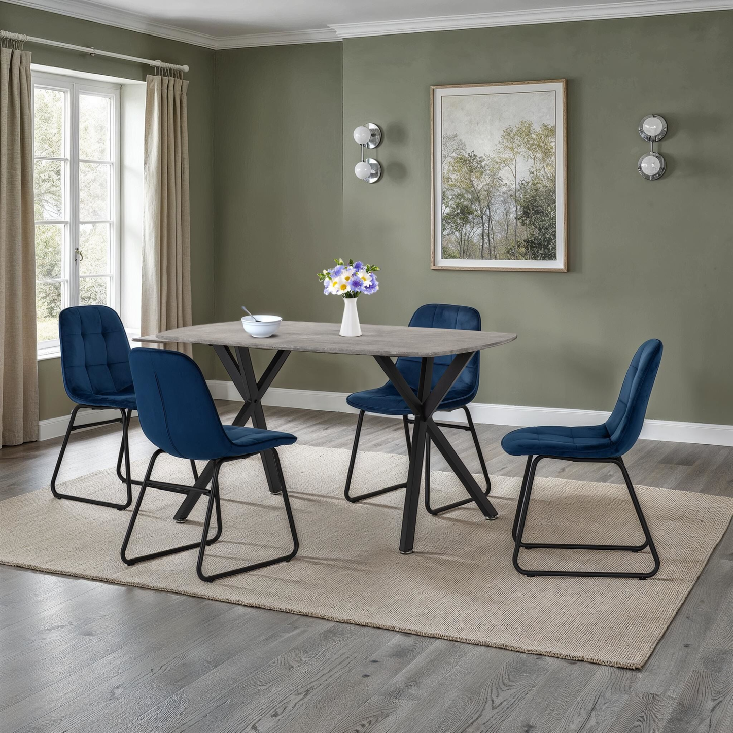 Athens Dining Set with 4 Lukas Chairs - Concrete & Sapphire Velvet