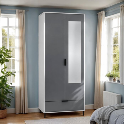 Madrid Grey & White Gloss 2 Door 1 Drawer Mirrored Wardrobe