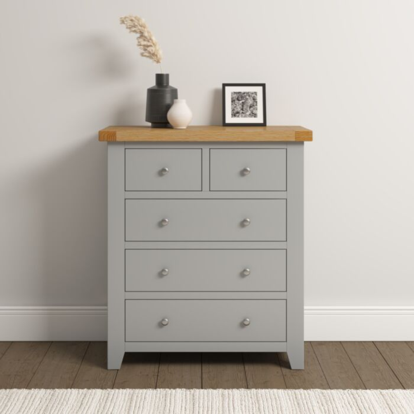 Windsor 3+2 Drawer Chest – Pebble Grey with Oak Top