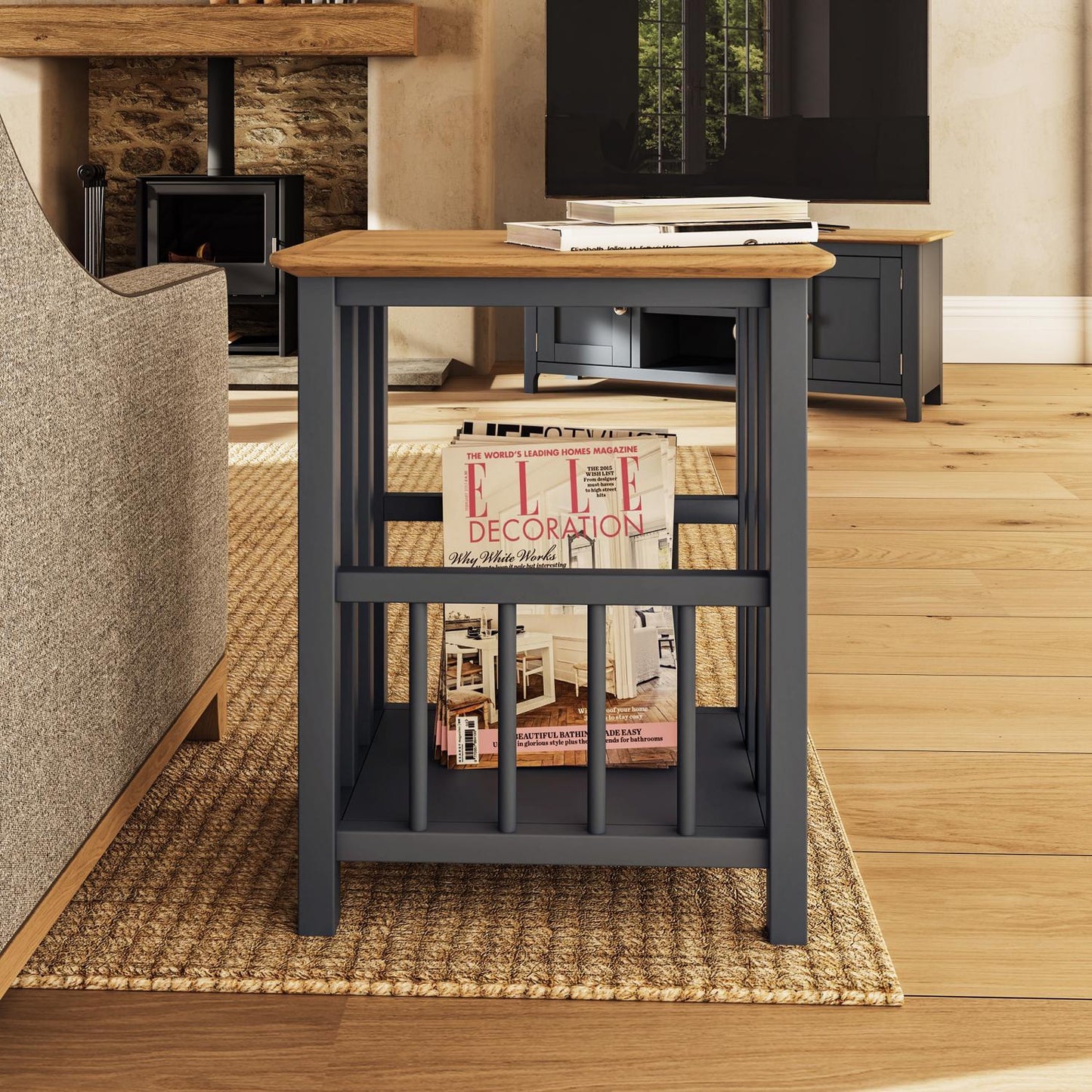 Taberno Graphite Blue Magazine Rack & Turntable Stand – Oak
