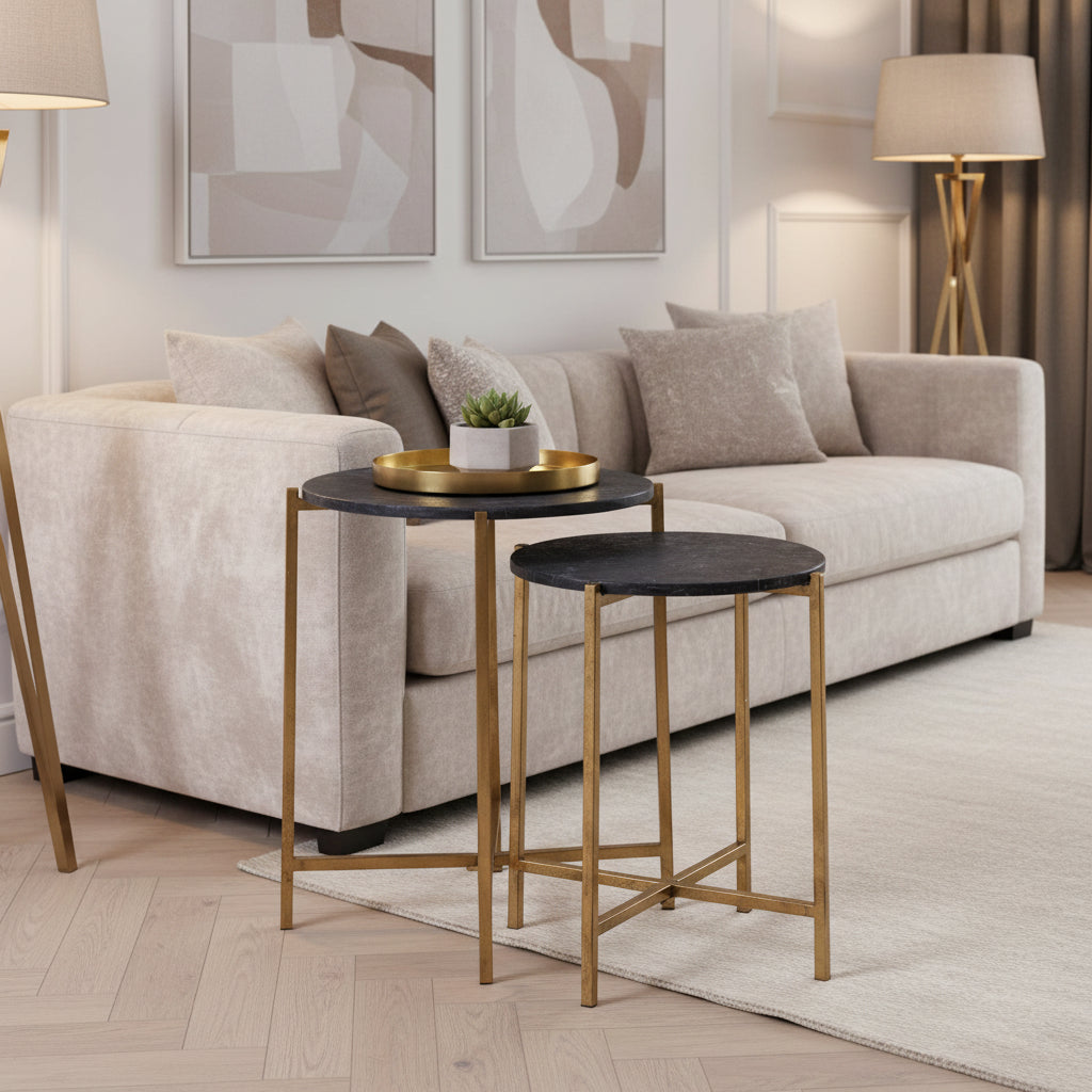 Set Of 2 Gold And Black Marble Tables