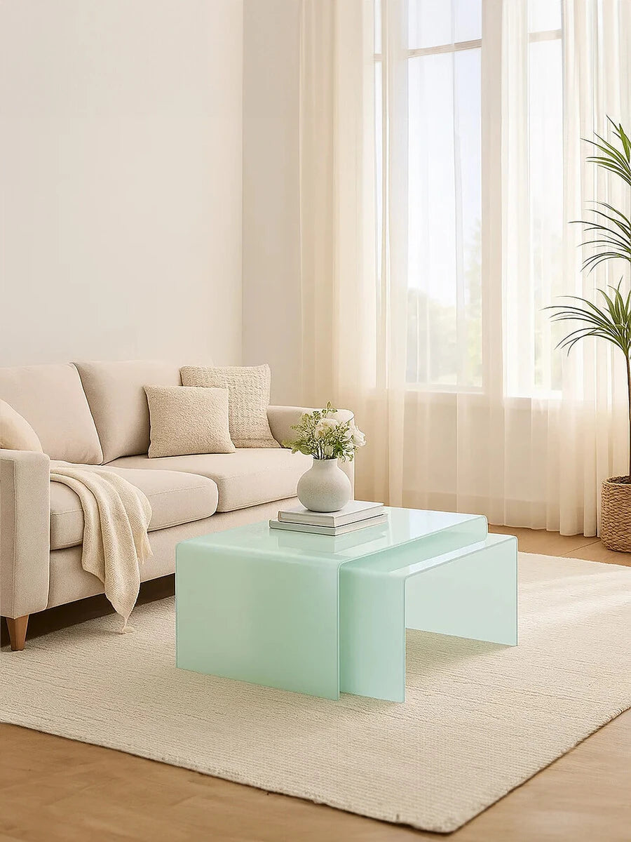 Cascade Nest Of 2 Aqua Green Curved Glass Coffee Tables