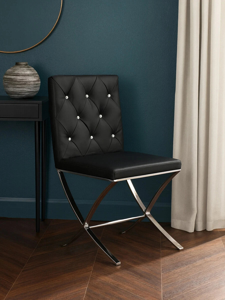 Diamante Black Leather Effect Chair With Stainless Steel Cross Legs