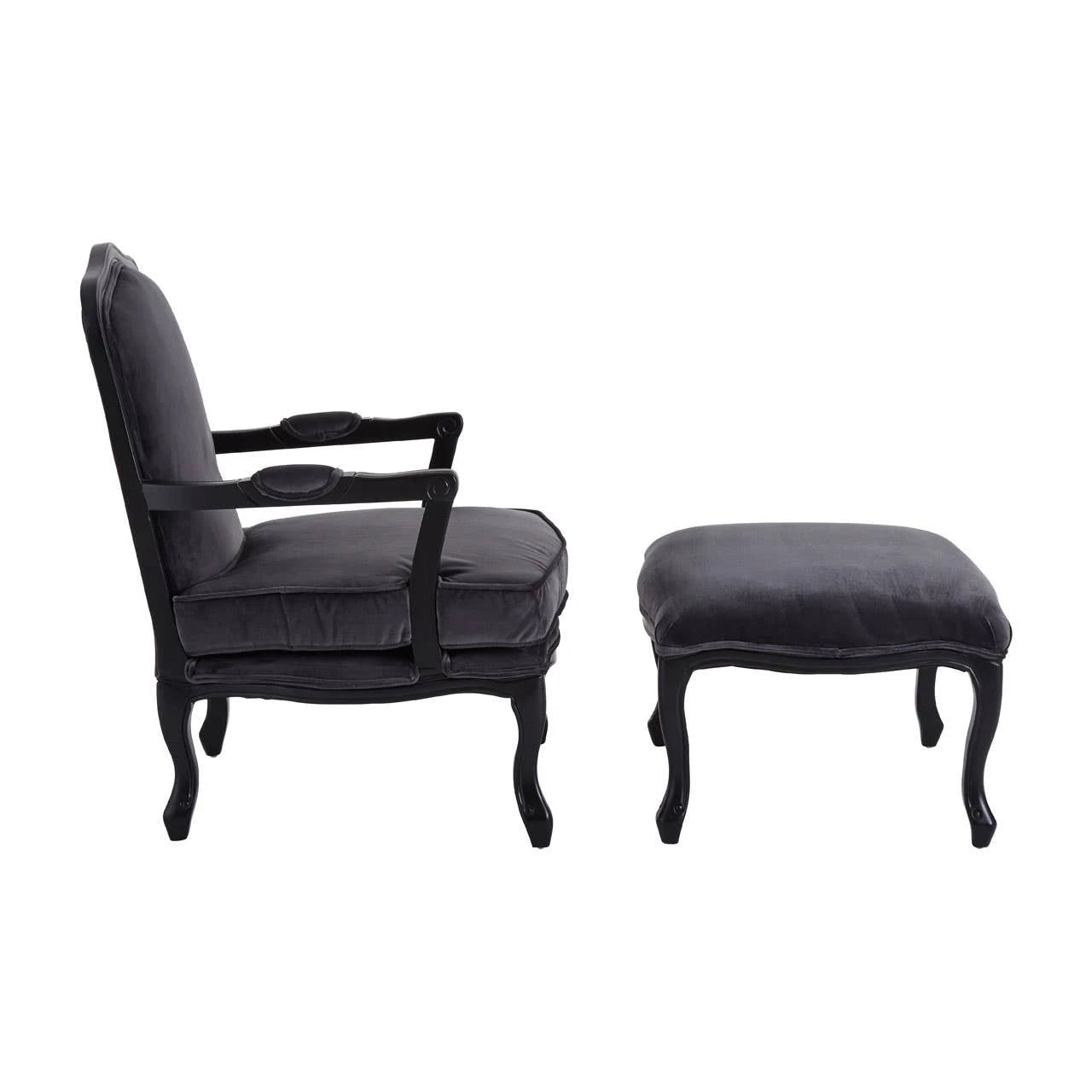 Rococo Black Shiny Velvet Chair And Footstool