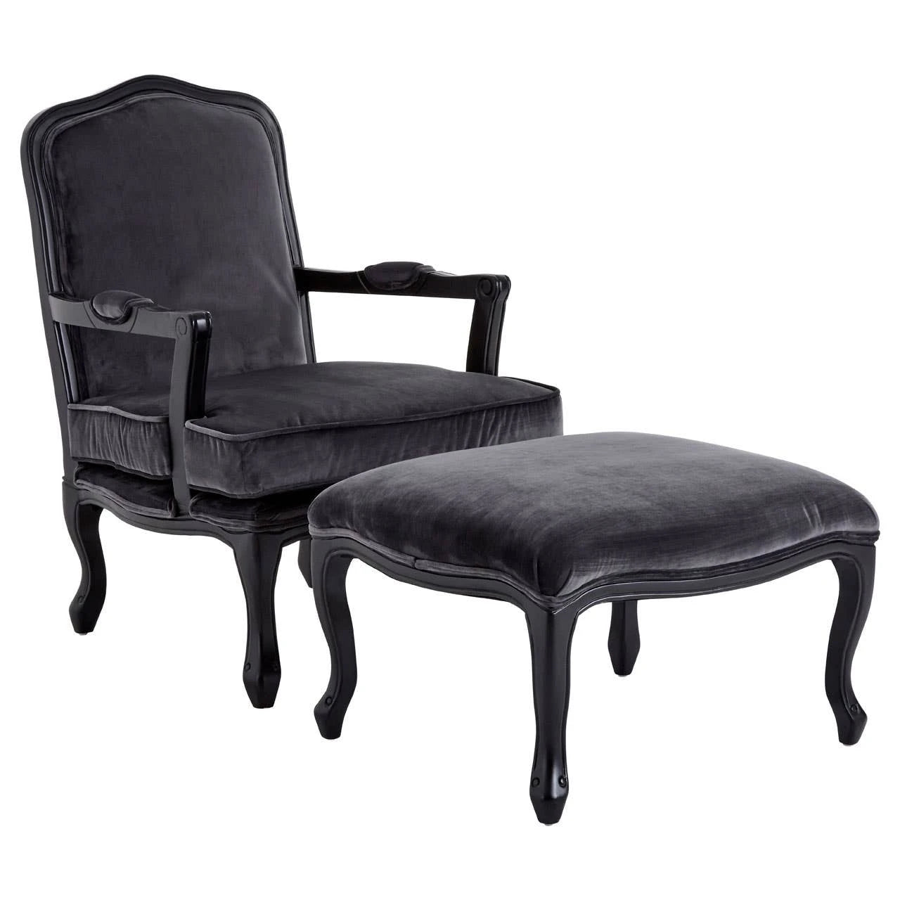 Rococo Black Shiny Velvet Chair And Footstool