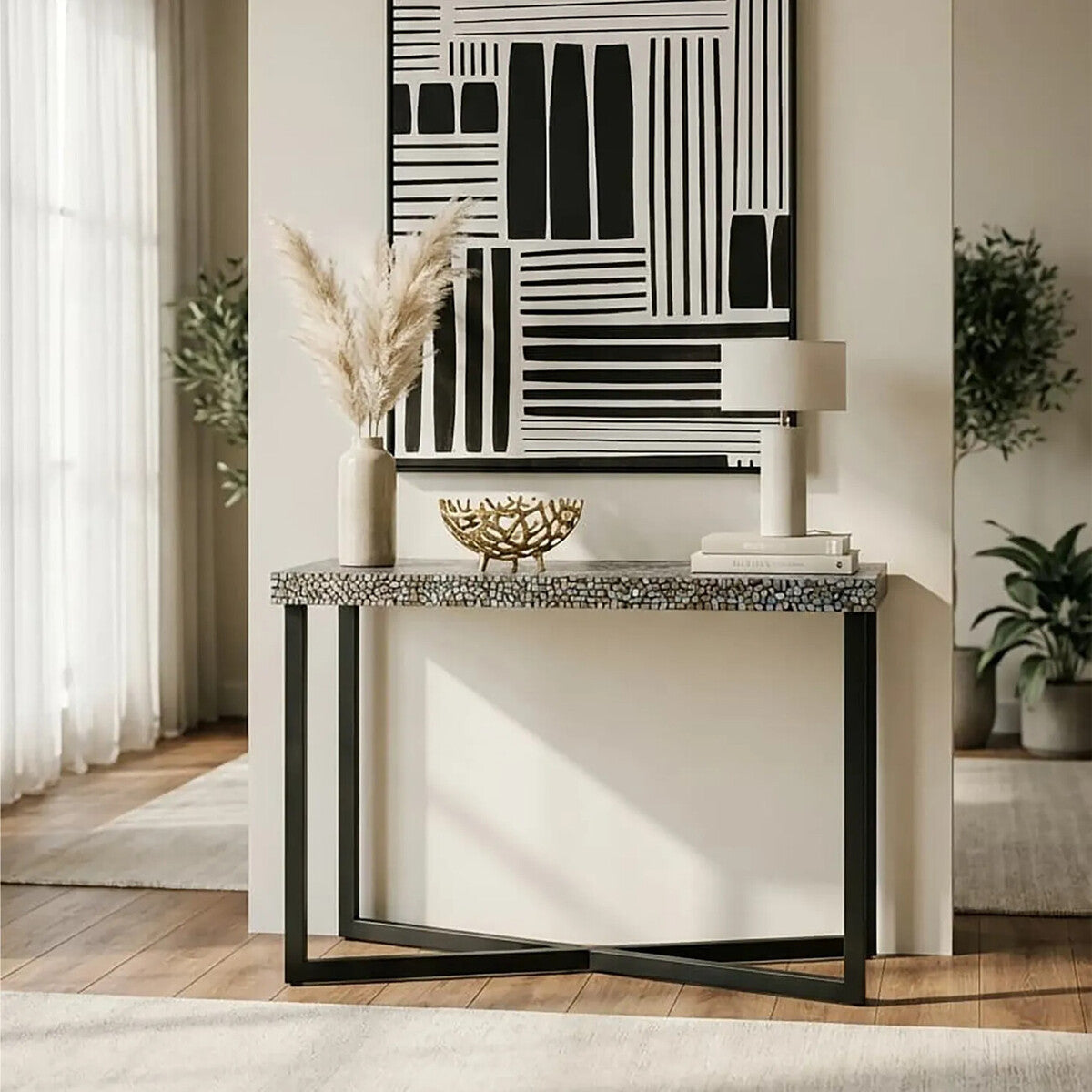 Fusion Crackle Shell Mosaic Rectangular Console Table
