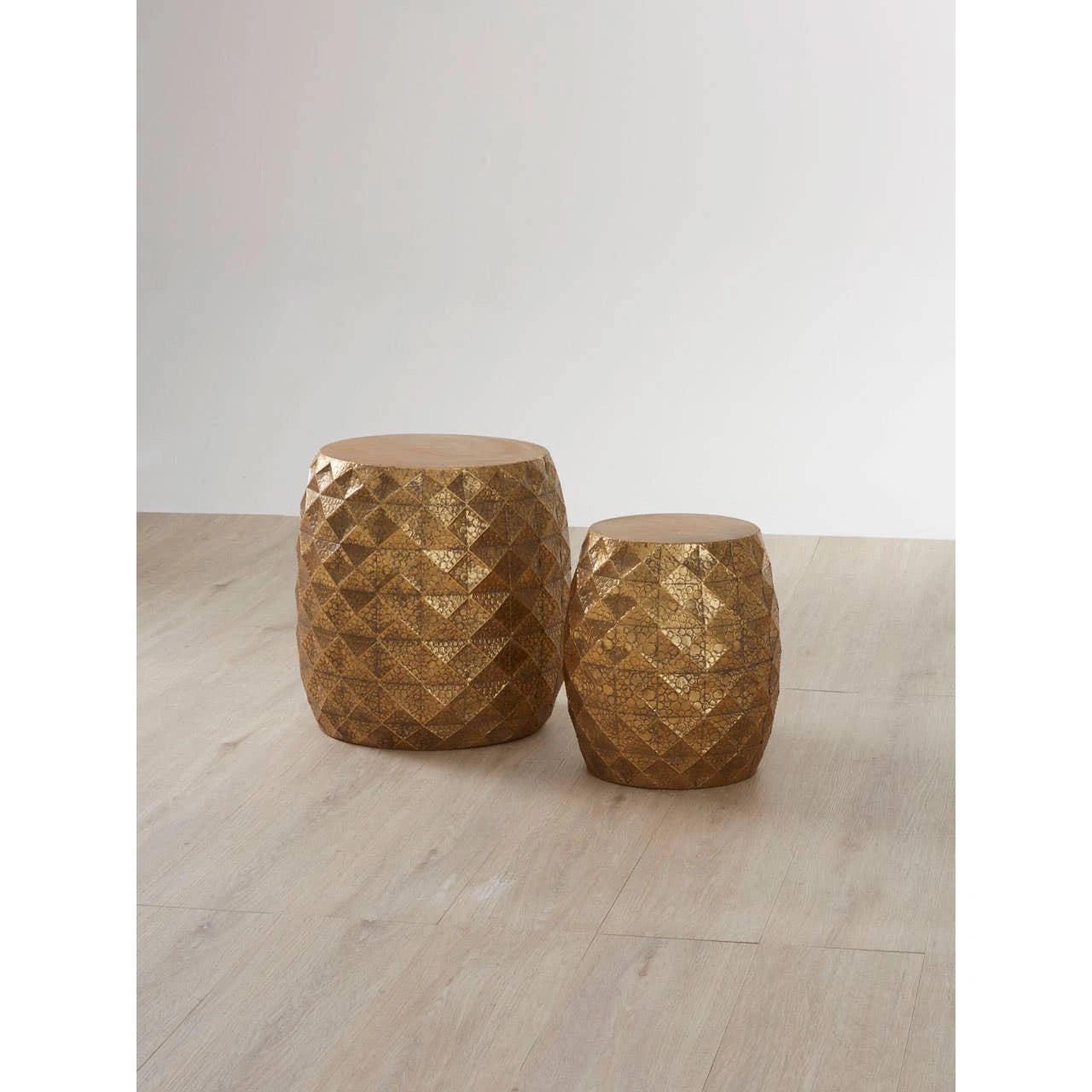Reza Set of 2 Antique Gold Finish Textured Stools and Tables