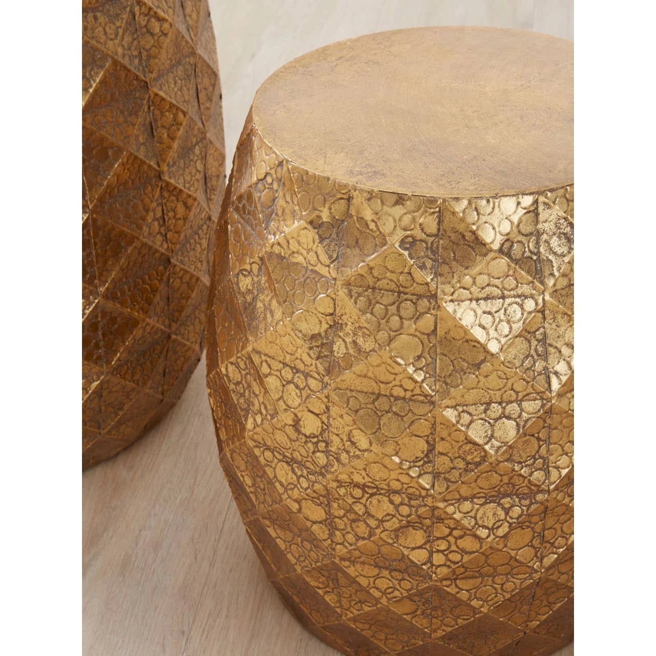 Reza Set of 2 Antique Gold Finish Textured Stools and Tables
