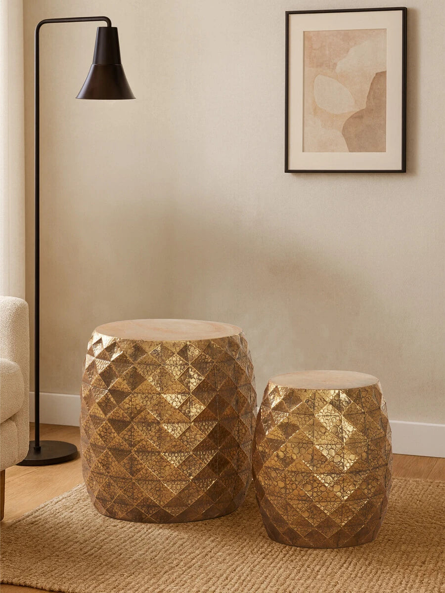 Reza Set of 2 Antique Gold Finish Textured Stools and Tables