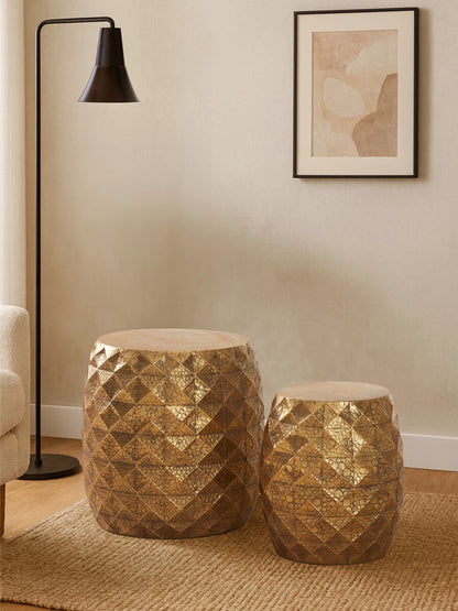 Reza Set of 2 Antique Gold Finish Textured Stools and Tables