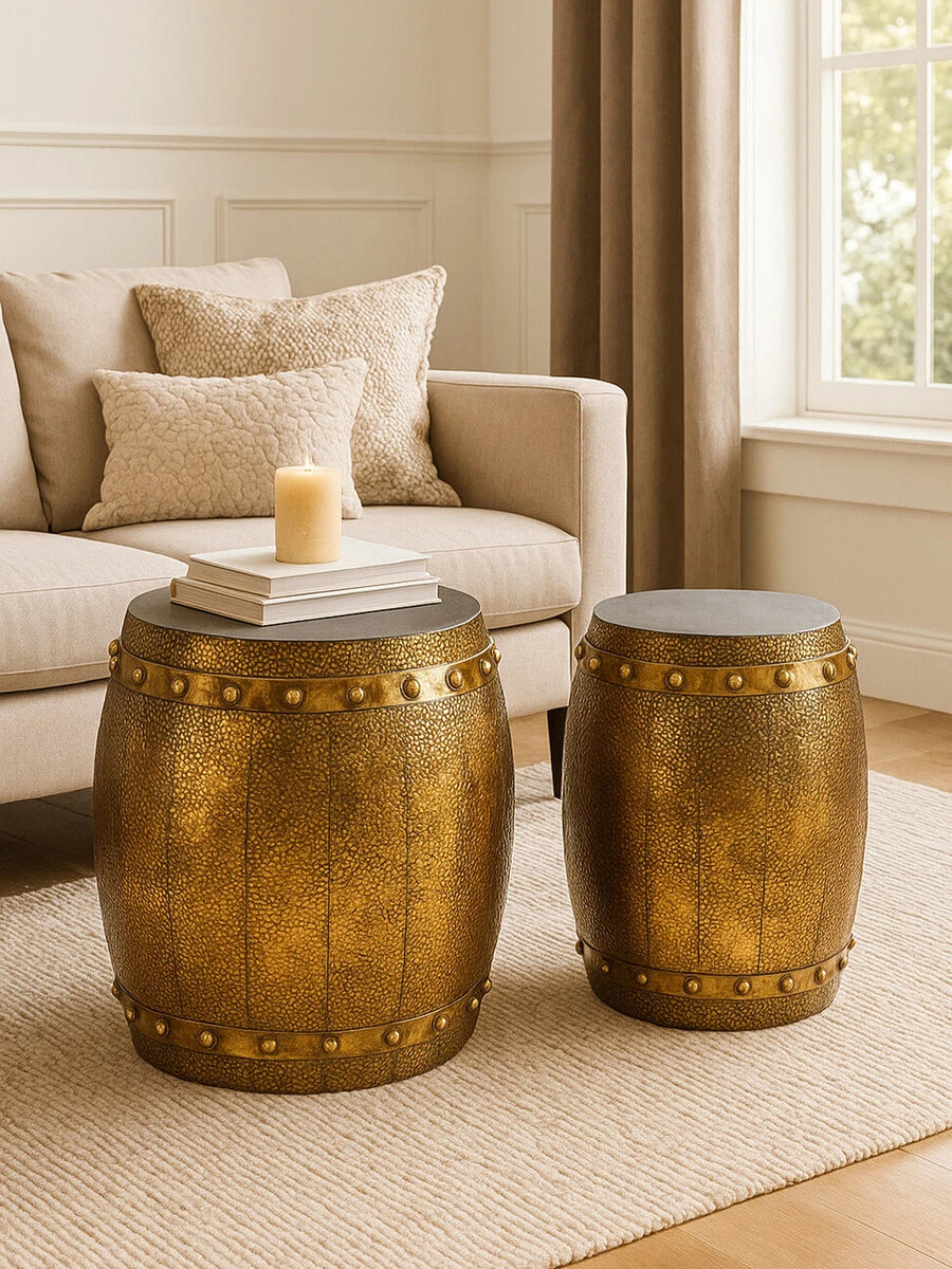 Reza Set of 2 Hammered Drum Stools and Tables
