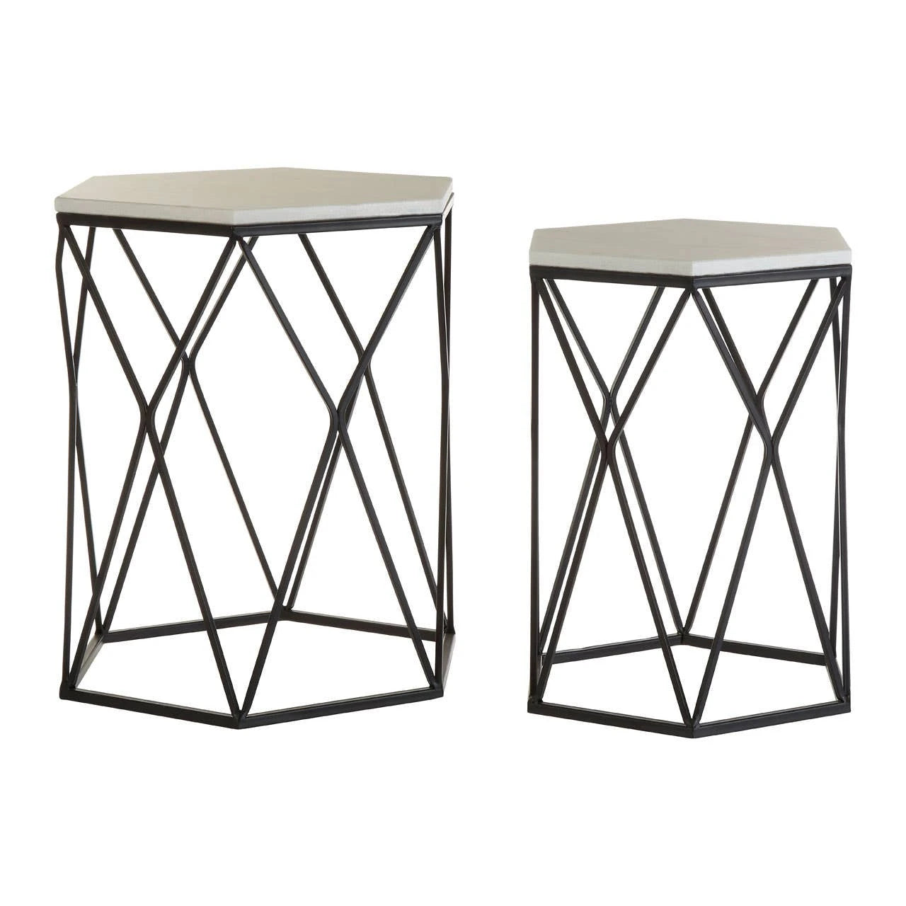 Arcana Marble and Black Metal Set Of Two Hexagonal Side Tables