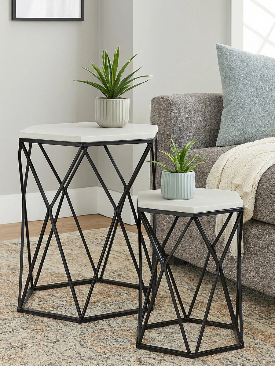 Arcana Marble and Black Metal Set Of Two Hexagonal Side Tables