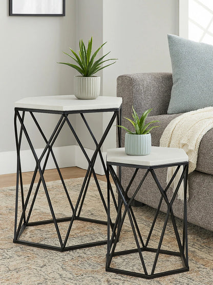 Arcana Marble and Black Metal Set Of Two Hexagonal Side Tables