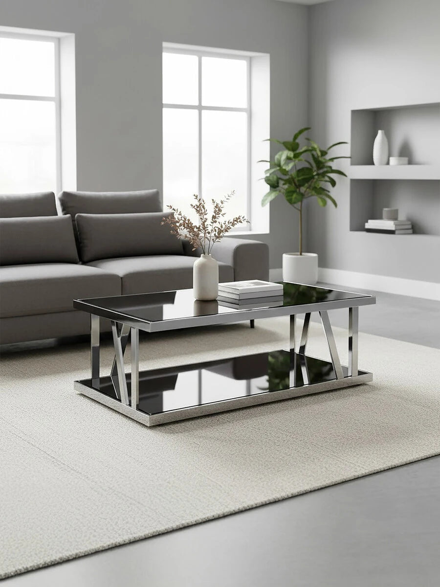 Ackley Silver Coffee Table with Black Glass