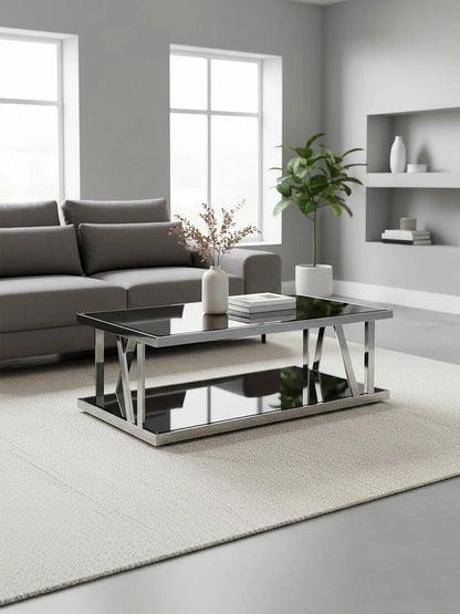 Ackley Silver Coffee Table with Black Glass