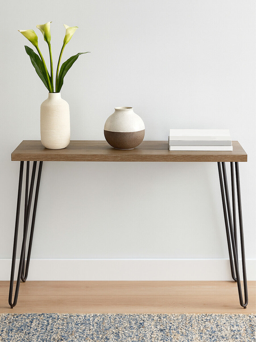 Borough Veneer Top Console Table With Hairpin Metal Legs