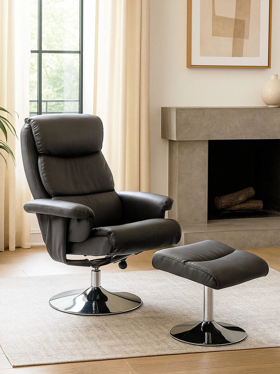 Denton Grey Leather Effect Reclining Chair with Footstool