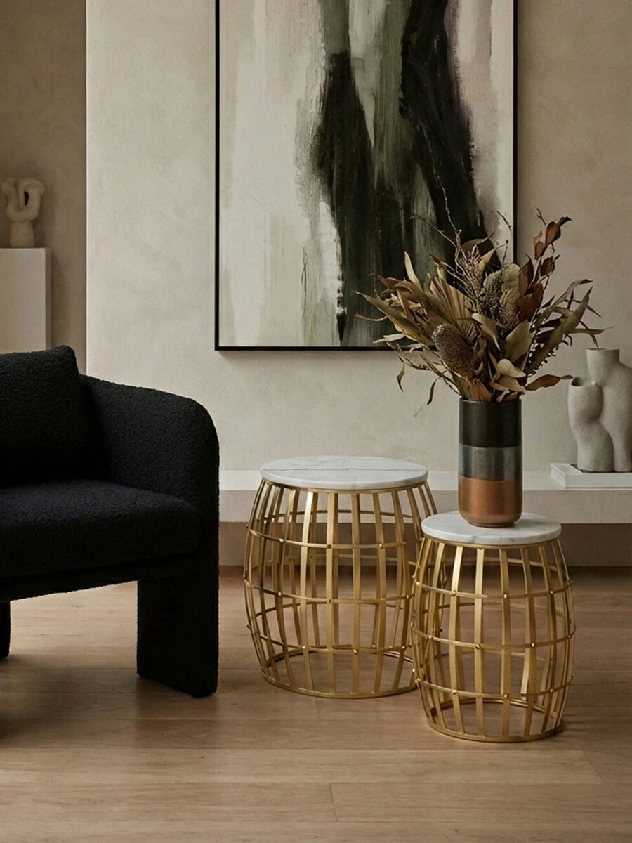 Jolie Set Of Two Round Table With White Marble Top And Gold Frame