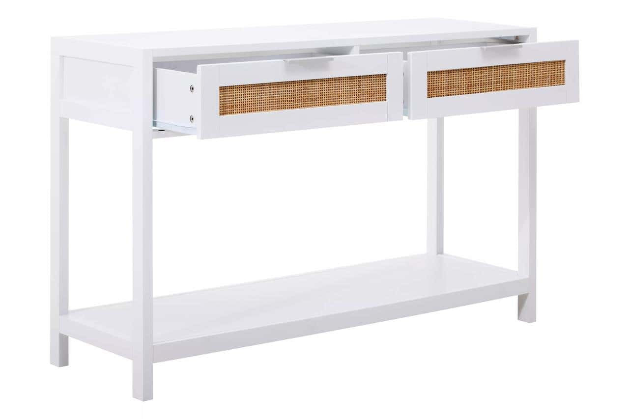 Sherman White Wood and Rattan Two Drawer Console Table