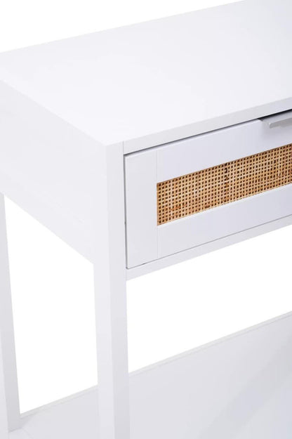 Sherman White Wood and Rattan Two Drawer Console Table