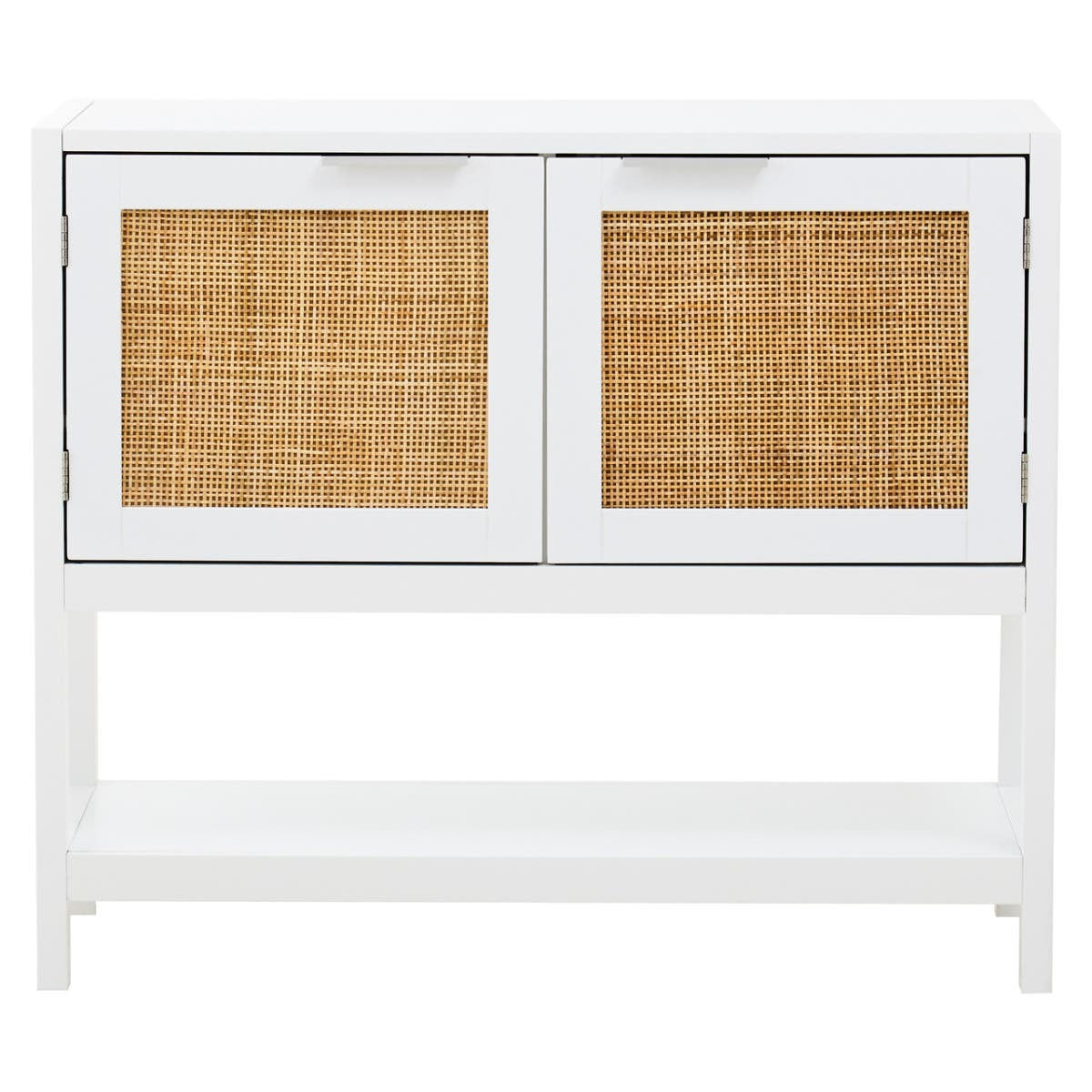 Sherman White Wood and Rattan Two Drawer Side Cabinet