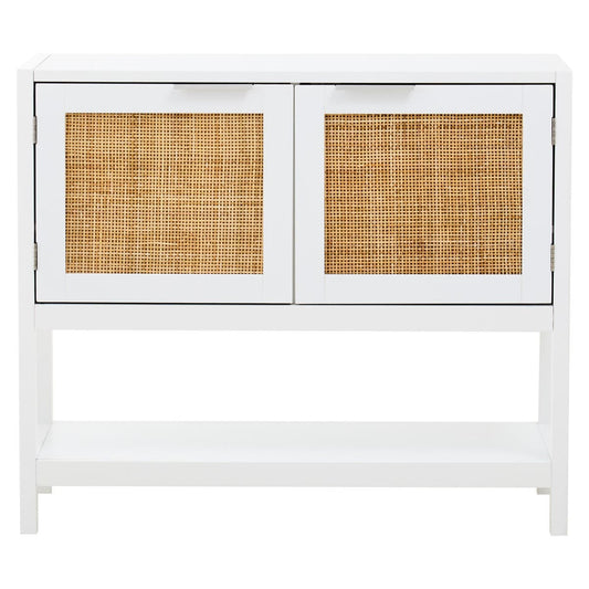 Sherman White Wood and Rattan Two Drawer Side Cabinet