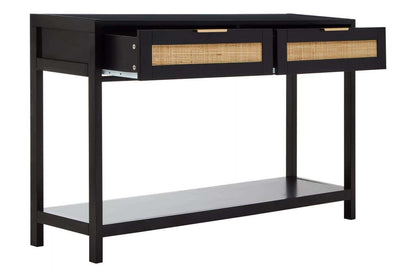 Sherman Black Wood and Rattan Two Drawer Console Table