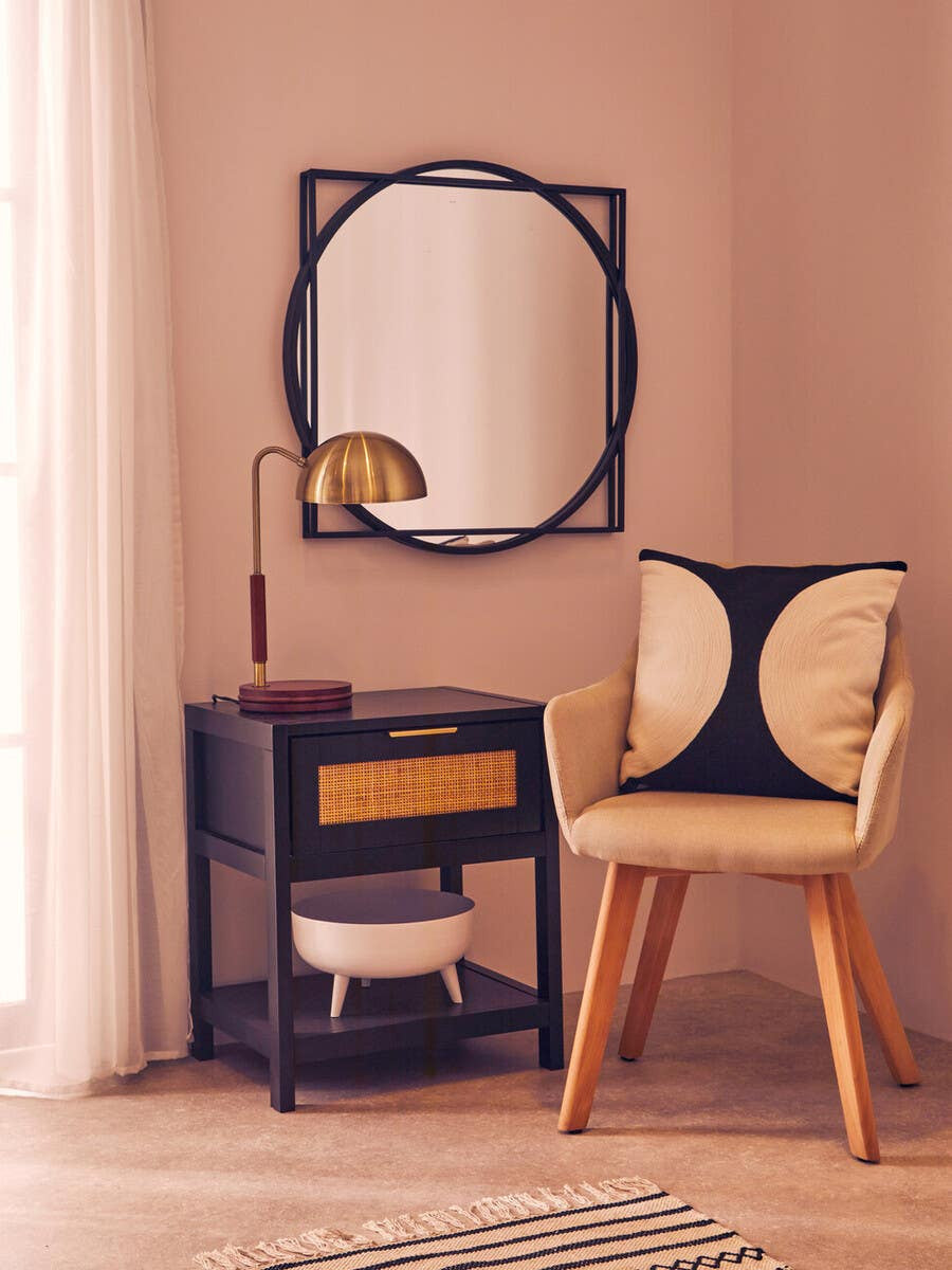 Sherman Black Wood and Natural Rattan One Drawer Bedside Table
