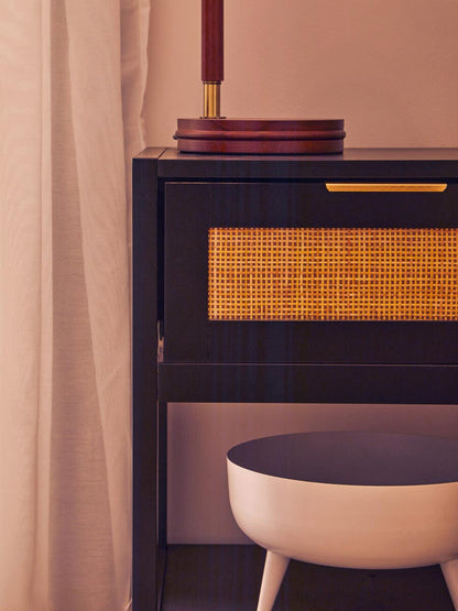 Sherman Black Wood and Natural Rattan One Drawer Bedside Table