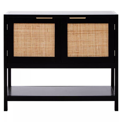 Sherman Black Wood and Rattan Two Door Side Cabinet
