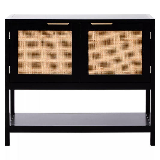 Sherman Black Wood and Rattan Two Door Side Cabinet