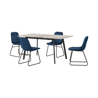 Avery & Lukas Extending Dining Set with 4 Chairs - Concrete & Sapphire Blue Velvet